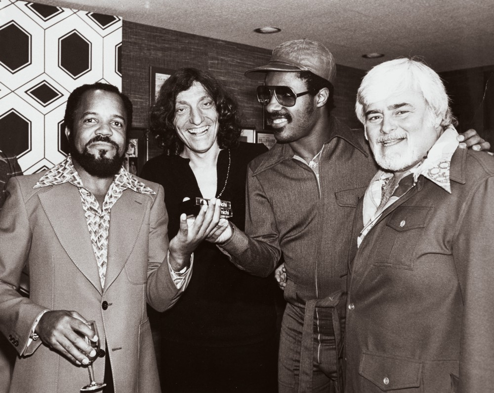 Stevie Wonder with Berry Gordy, Wonder’s attorney Johanan Vigoda and Barney Ales in April 1976